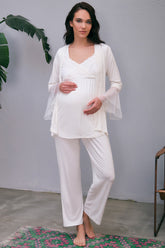 Lace Double Breasted 3-Pieces Maternity & Nursing Pajamas With Flywheel Arm Robe Ecru - 5648