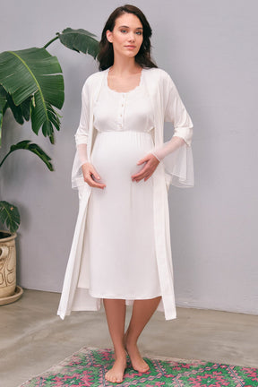 Lace Maternity & Nursing Nightgown With Flywheel Arm Robe Ecru - 5649