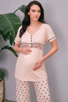 Lace 3-Pieces Maternity & Nursing Pajamas With Polka Dot Robe Pink - 5655