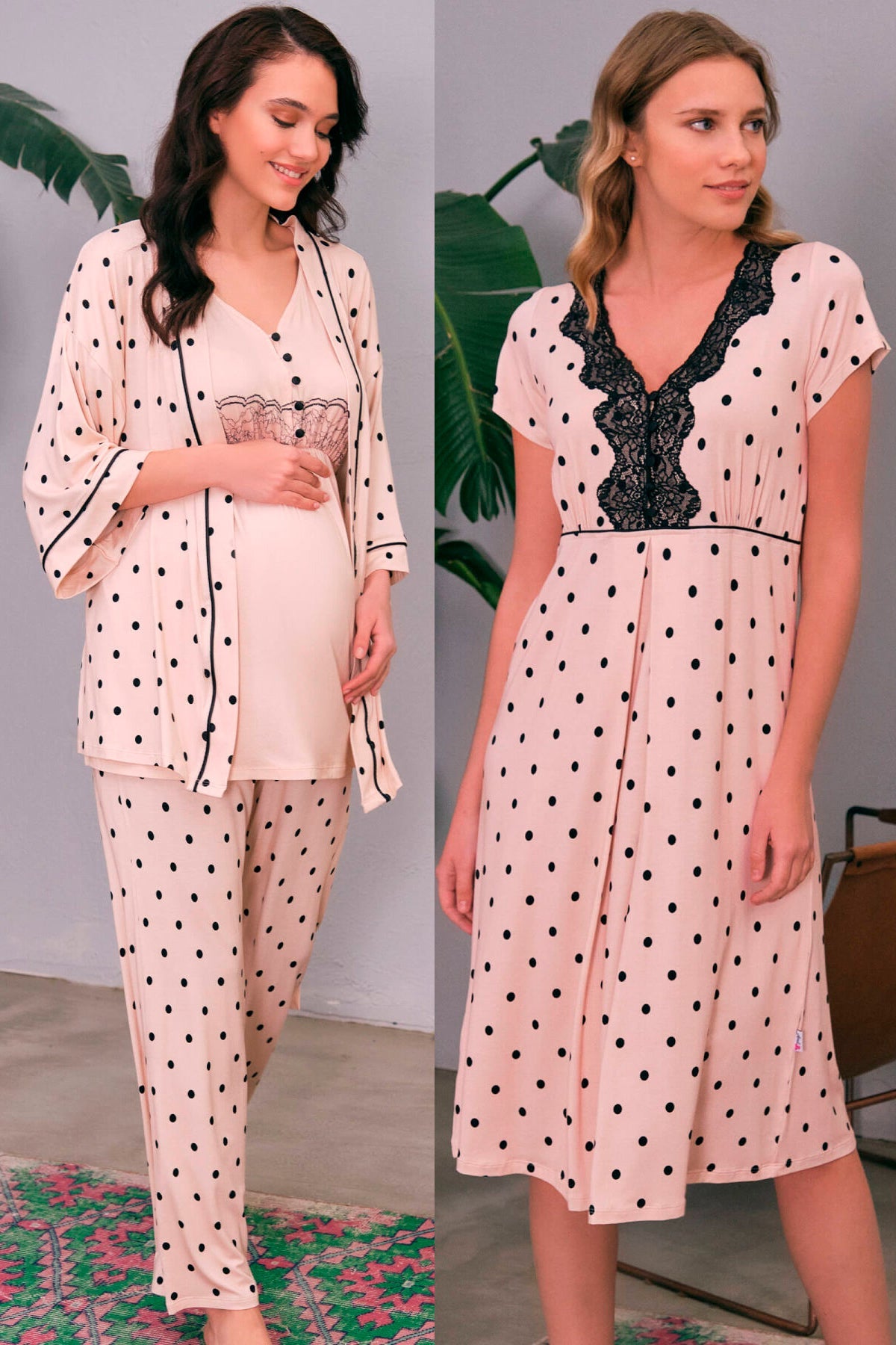 Polka Dot Lace 4 Pieces Maternity & Nursing Set Pink - 565554