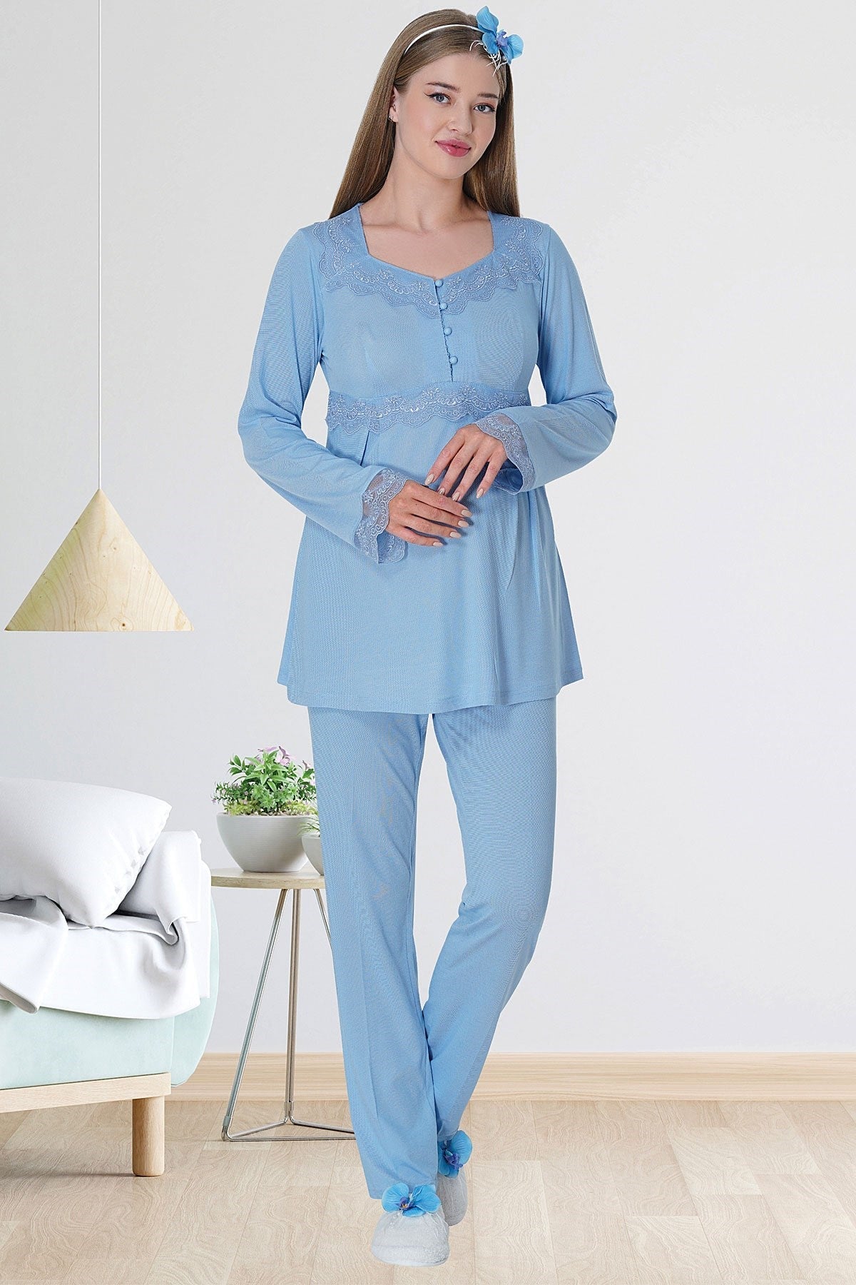 Lace Detailed Maternity & Nursing Pajamas Blue - 5711