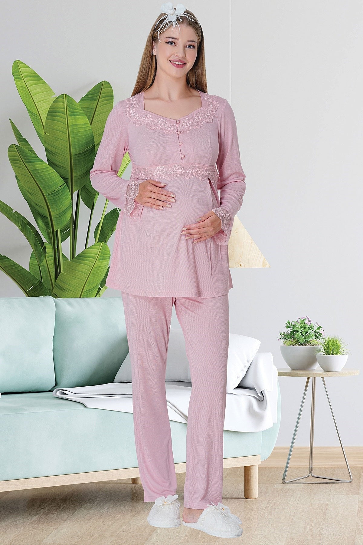 Lace Detailed Maternity & Nursing Pajamas Pink - 5711