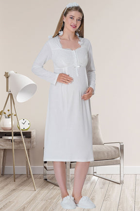 Lace Embroidered Maternity & Nursing Nightgown With Robe Ecru - 5715