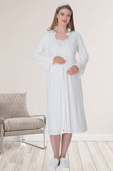 Lace Embroidered Maternity & Nursing Nightgown With Robe Ecru - 5715