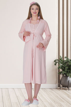 Lace Embroidered Maternity & Nursing Nightgown With Robe Powder - 5715