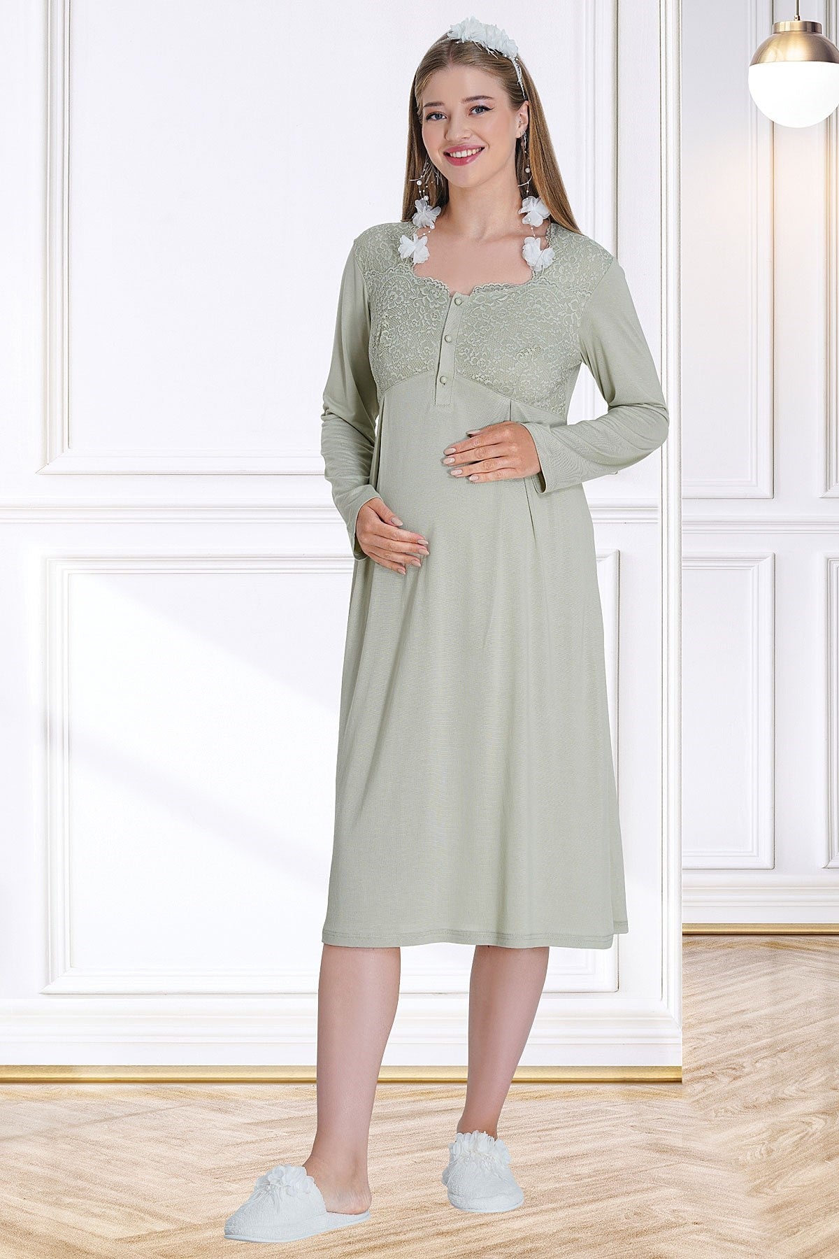 Lace Embroidered Maternity & Nursing Nightgown With Robe Green - 5715