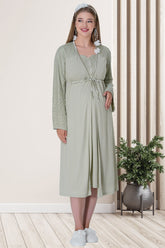Lace Embroidered Maternity & Nursing Nightgown With Robe Green - 5715