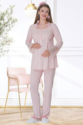 Lace Embroidered Maternity & Nursing Pajamas Powder - 5717