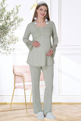 Lace Embroidered Maternity & Nursing Pajamas Green - 5717