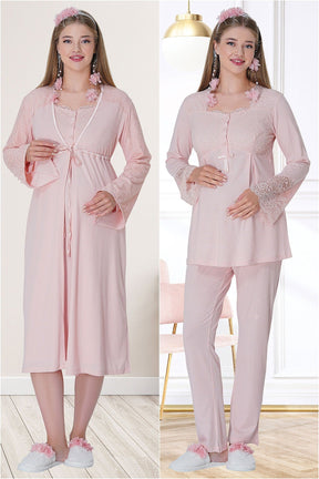 Lace Embroidered 4 Pieces Maternity & Nursing Set Powder - 5718