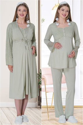 Lace Embroidered 4 Pieces Maternity & Nursing Set Green - 5718