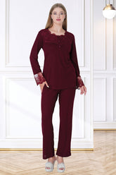 Lace Maternity & Nursing Pajamas Claret Red - 5720