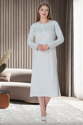 Laced Maternity & Nursing Nightgown With Patterned Robe Blue - 5733