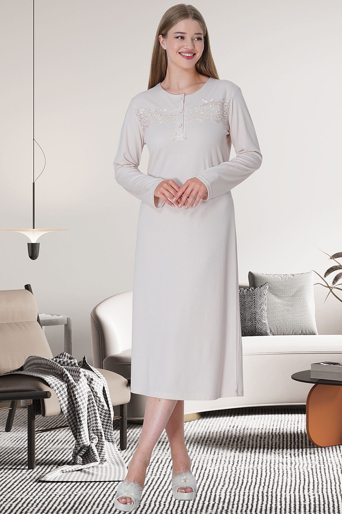 Laced Maternity & Nursing Nightgown With Patterned Robe Pink - 5733