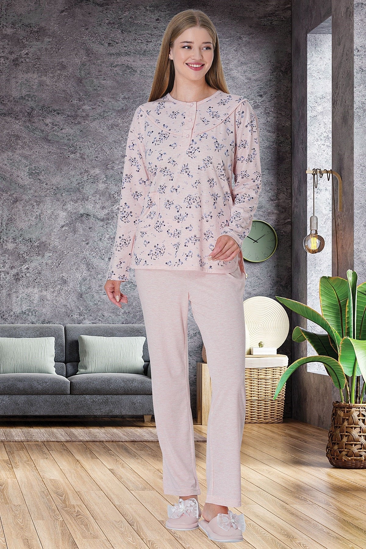 Flowery Plus Size Maternity & Nursing Pajamas Pink - 5736