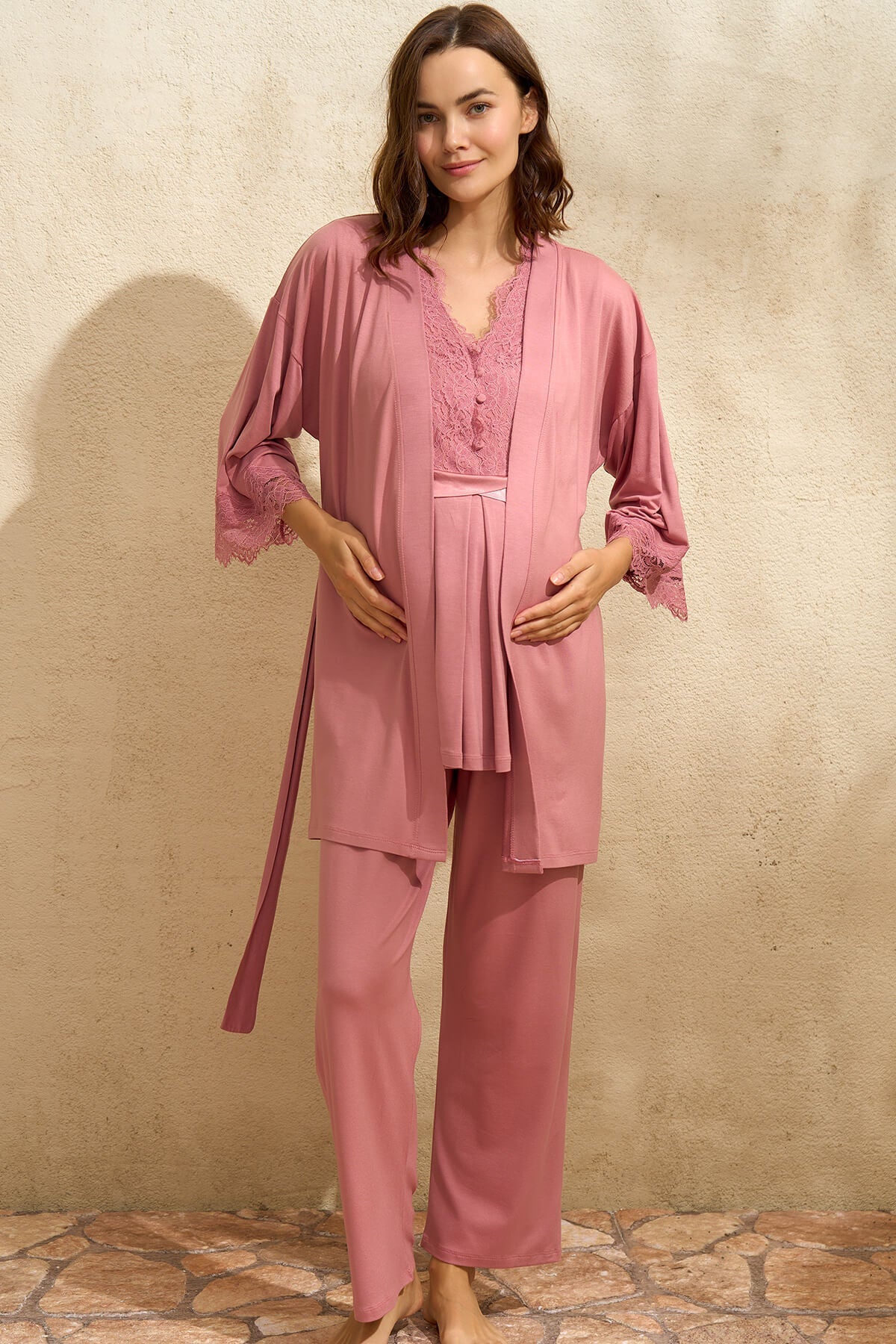 Lace Detailed 3-Pieces Maternity & Nursing Pajamas With Robe Dried Rose - 5771