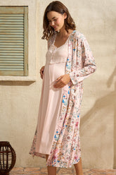 Lace Shoulder Maternity & Nursing Nightgown With Patterned Robe Pink - 5772