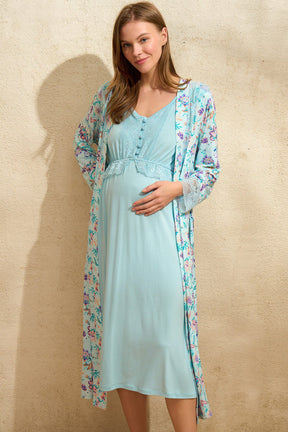 Lace Embroidered Maternity & Nursing Nightgown With Patterned Robe Blue - 5774