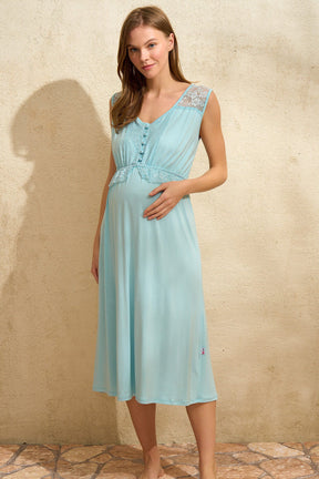 Lace Embroidered Maternity & Nursing Nightgown With Patterned Robe Blue - 5774