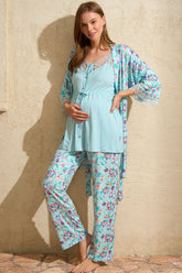 Lace Embroidered 3-Pieces Maternity & Nursing Pajamas With Patterned Robe Blue - 5775