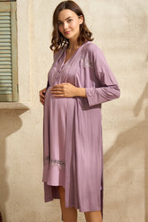 Lace Sleeve Maternity & Nursing Nightgown With Robe Purple - 5776