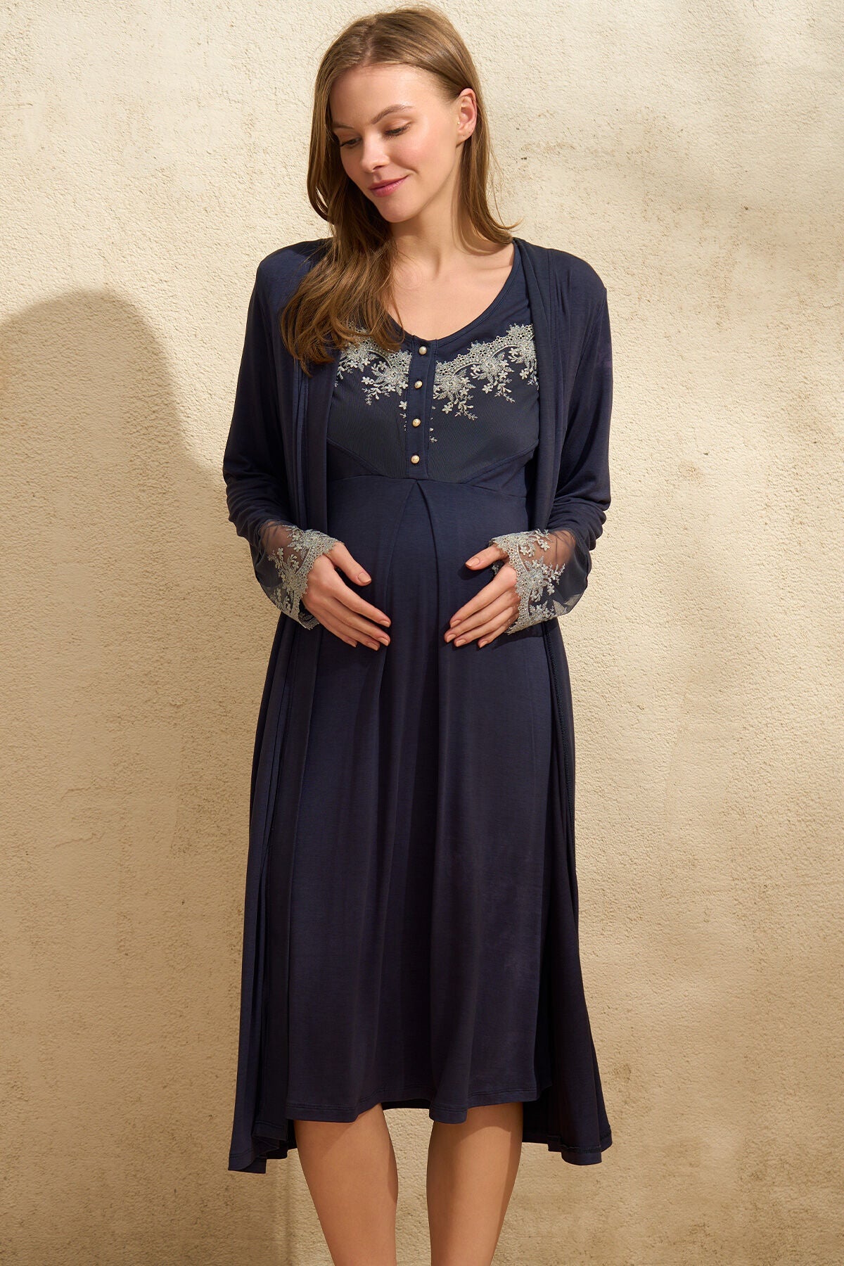 Maternity & Nursing Nightgown With Lace Sleeve Robe Navy Blue - 5777