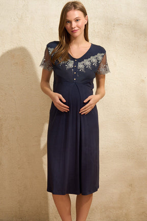 Maternity & Nursing Nightgown With Lace Sleeve Robe Navy Blue - 5777