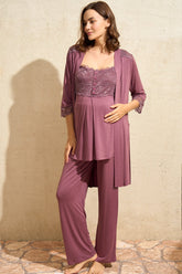 Lace Shoulder 3-Pieces Maternity & Nursing Pajamas With Robe Plum - 5778