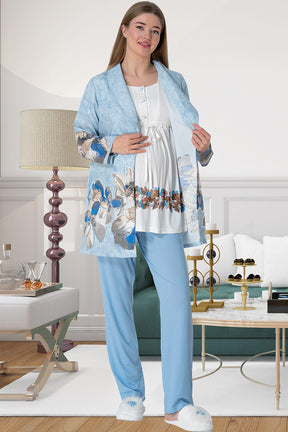 Flower Pattern 3-Pieces Maternity & Nursing Pajamas With Robe Blue - 5800