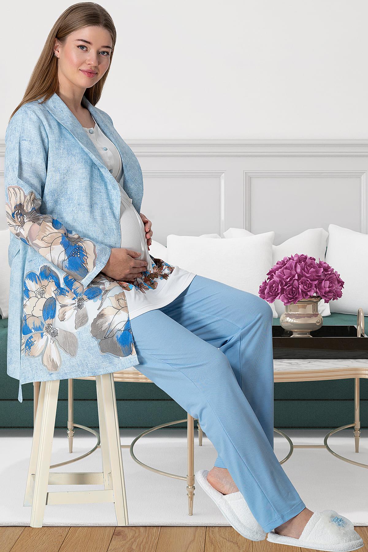 Flower Pattern 3-Pieces Maternity & Nursing Pajamas With Robe Blue - 5800