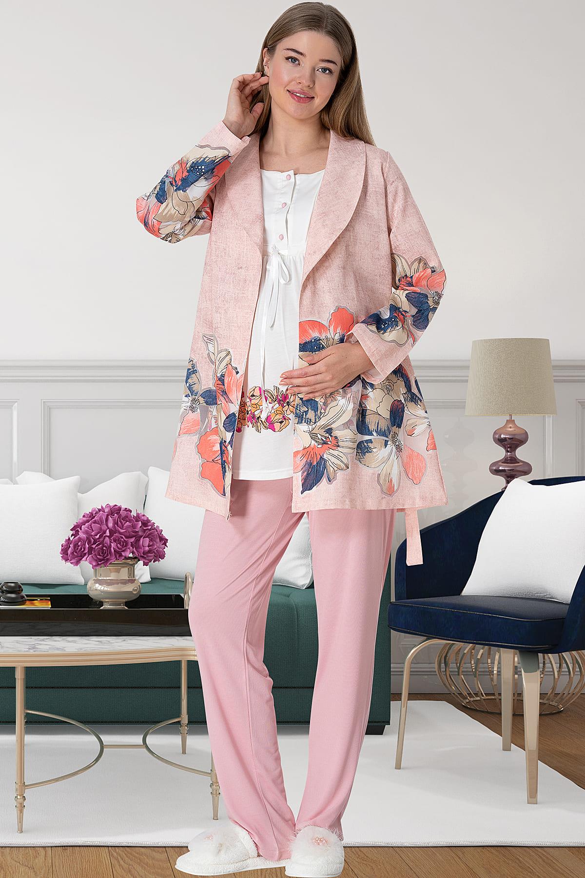 Flower Pattern 3-Pieces Maternity & Nursing Pajamas With Robe Pink - 5800