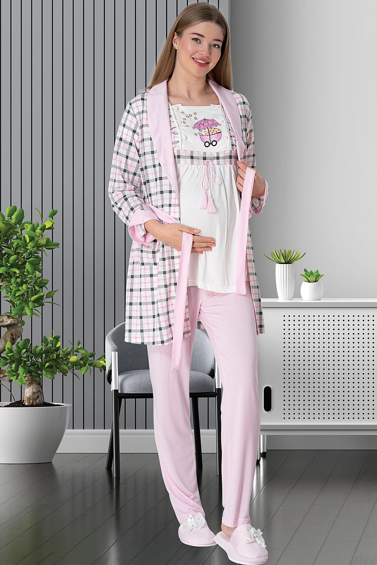3-Pieces Maternity & Nursing Pajamas With Plaid Robe Pink - 5802