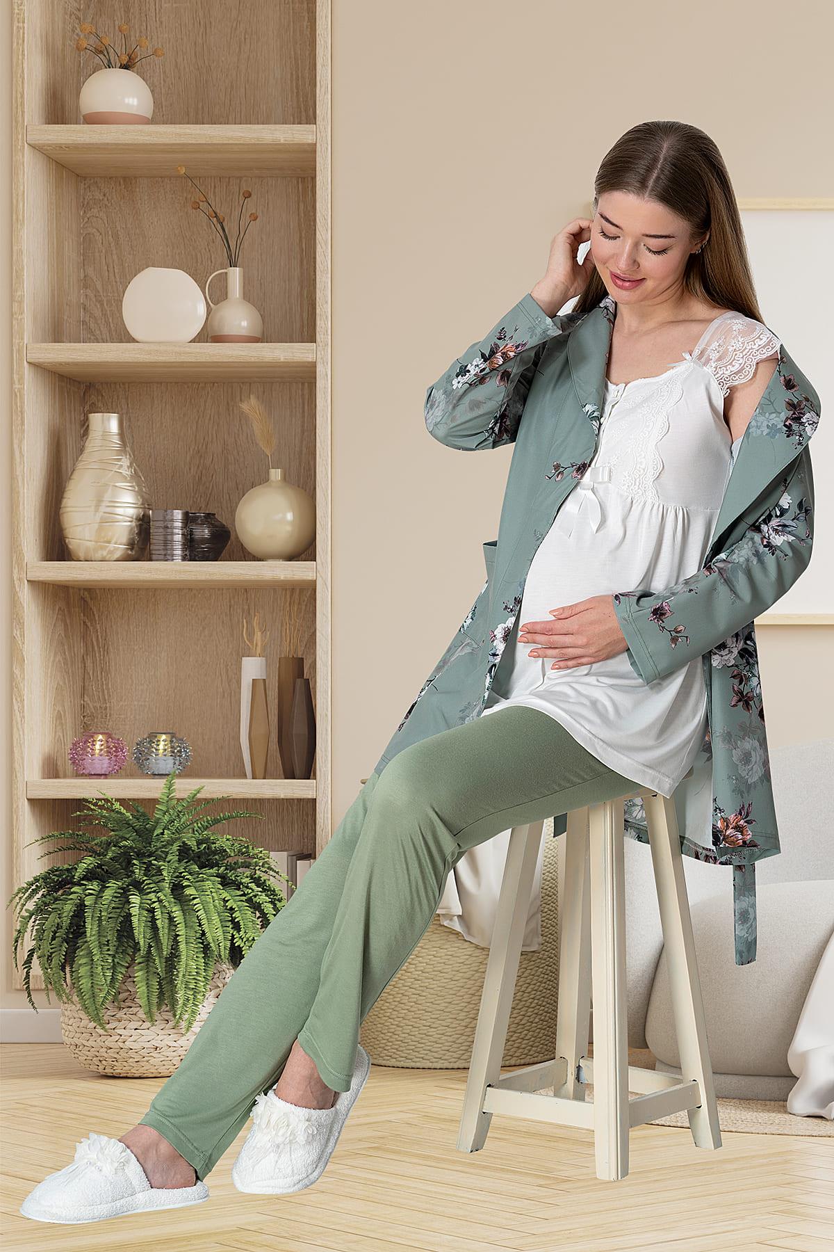 Guipure 3-Pieces Maternity & Nursing Pajamas With Pattern Robe Green - 5804