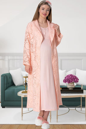 Guipure Collar Maternity & Nursing Nightgown With Robe Powder - 5805