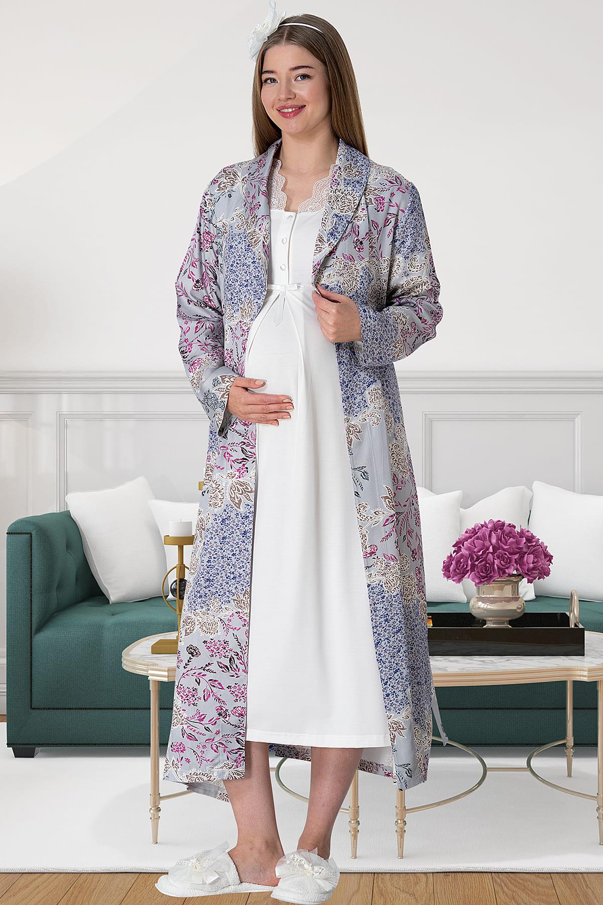 Lace Collar Maternity & Nursing Nightgown With Patterned Robe Grey - 5807