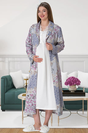 Lace Collar Maternity & Nursing Nightgown With Patterned Robe Grey - 5807