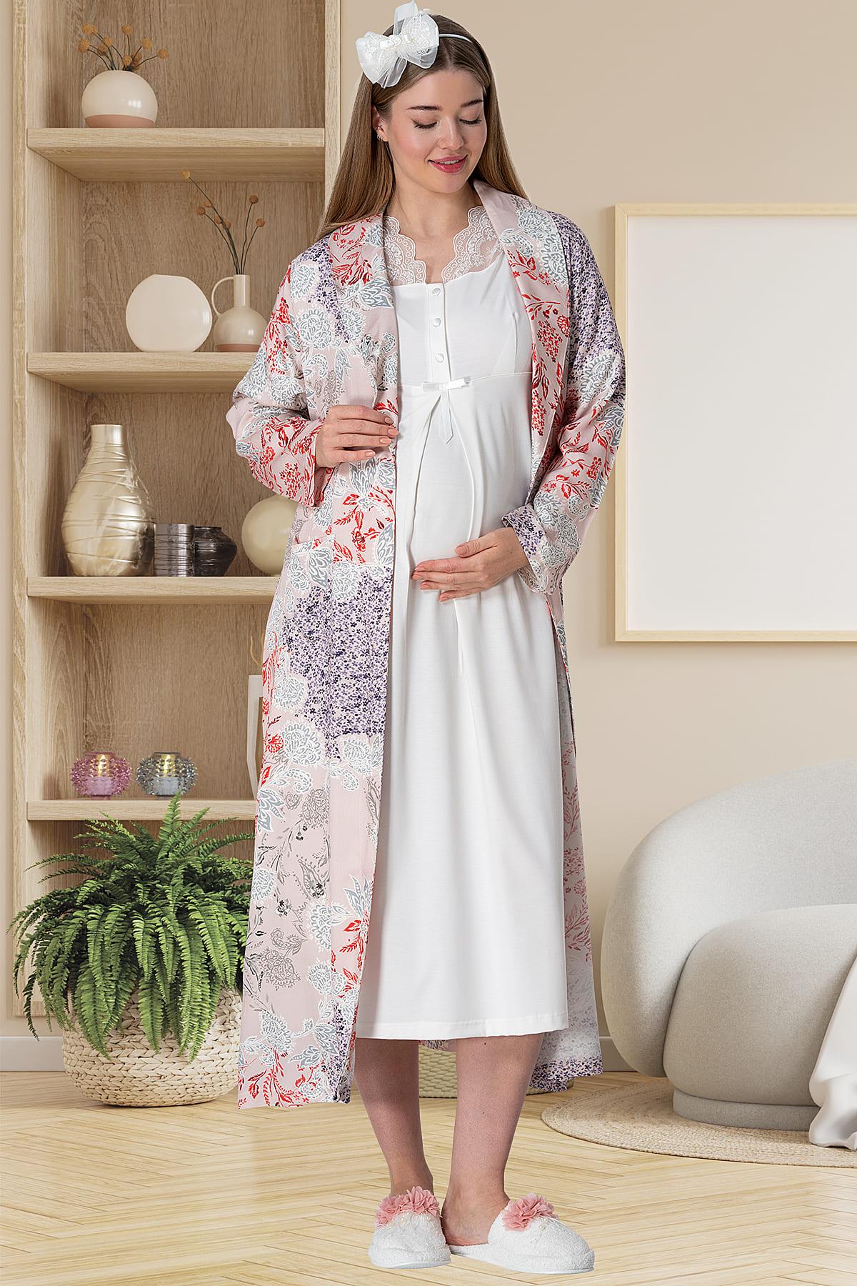 Lace Collar Maternity & Nursing Nightgown With Patterned Robe Powder - 5807