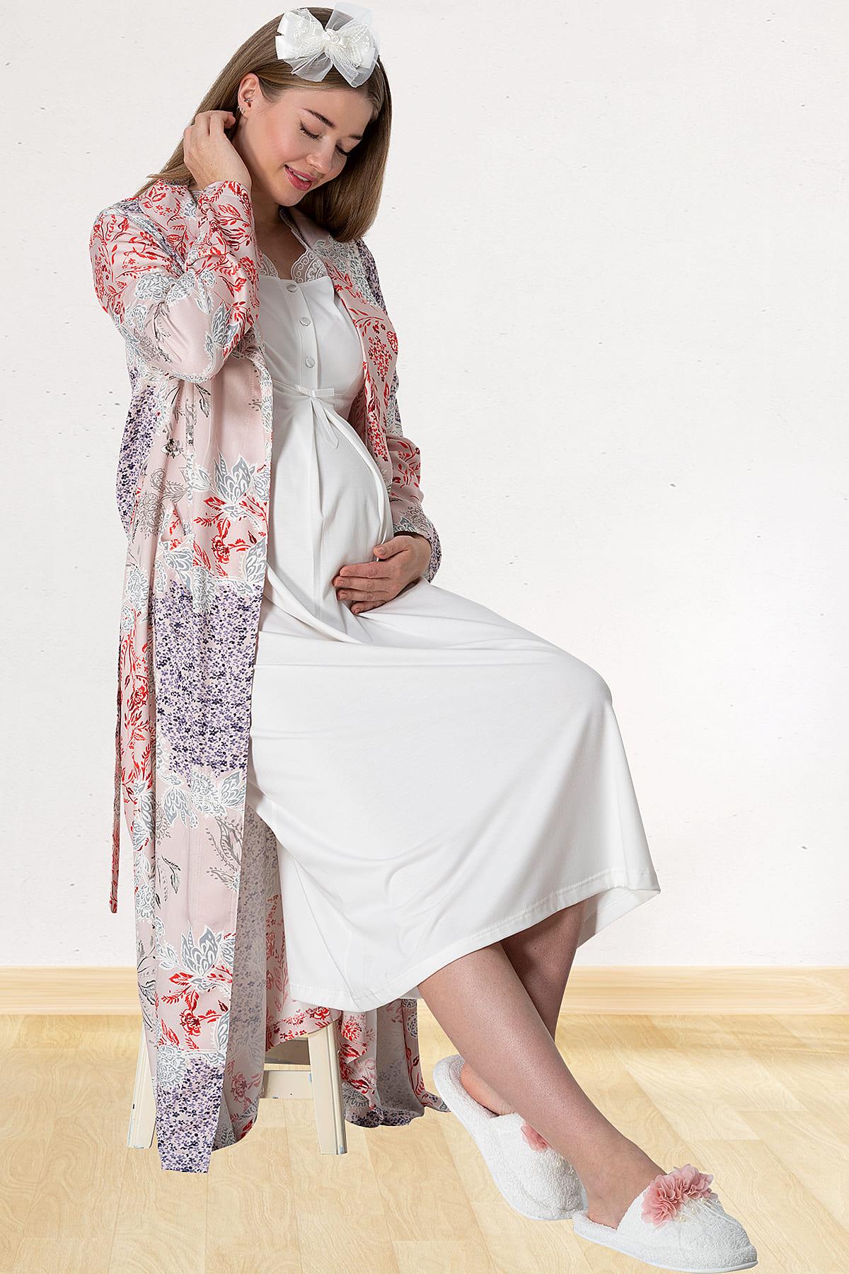 Lace Collar Maternity & Nursing Nightgown With Patterned Robe Powder - 5807