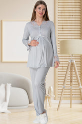 Lace Collar Maternity & Nursing Pajamas Grey - 5808