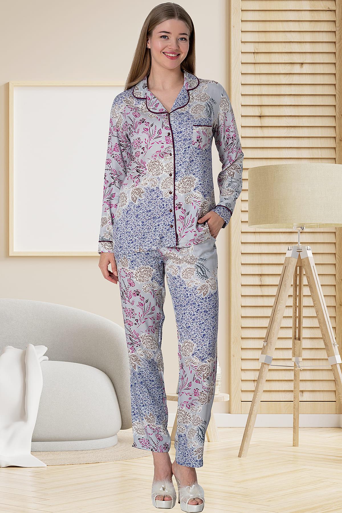 Patterned Maternity & Nursing Pajamas Grey - 5809