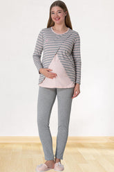 Striped Maternity & Nursing Pajamas Pink - 5812