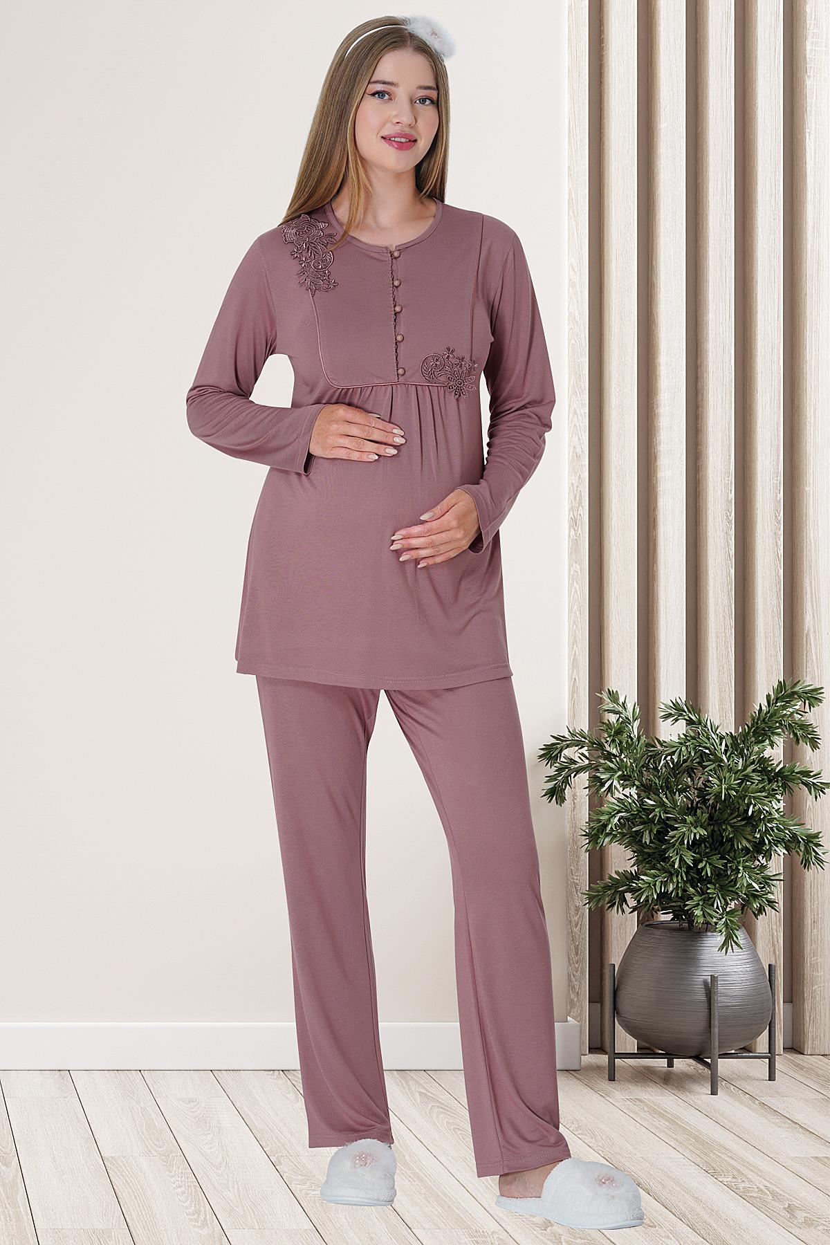 Embossed Lace Maternity & Nursing Pajamas Dried Rose - 5828