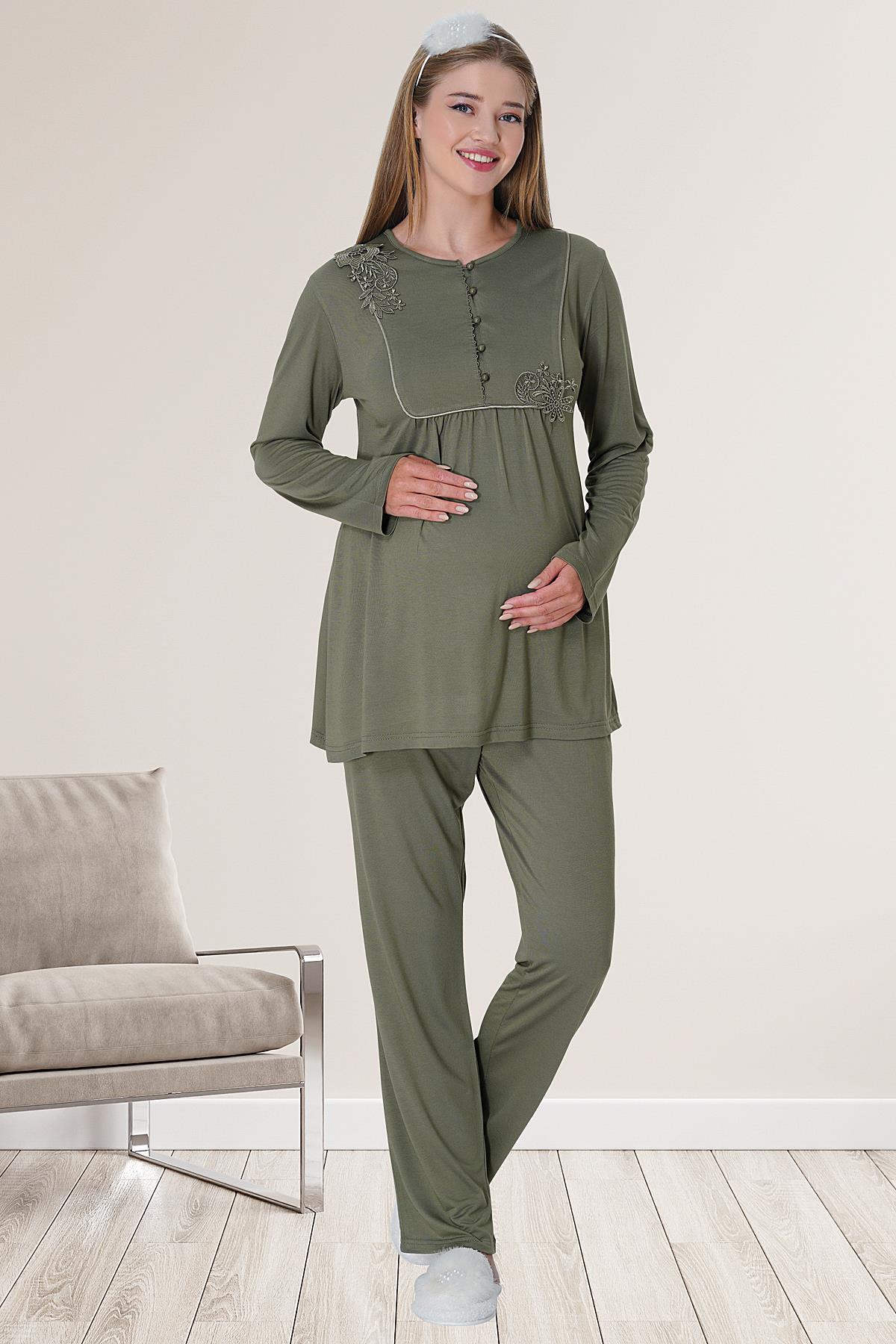 Embossed Lace Maternity & Nursing Pajamas Green - 5828