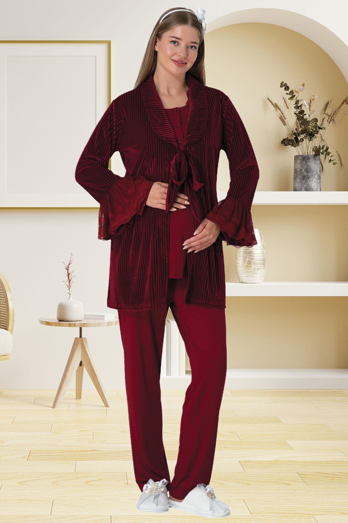 Lace 3-Pieces Maternity & Nursing Pajamas With Velvet Flywheel Arm Robe Claret Red - 5910