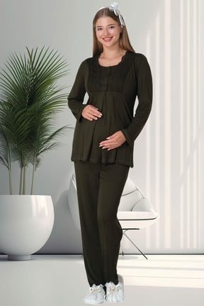 Lace 3-Pieces Maternity & Nursing Pajamas With Velvet Flywheel Arm Robe Green - 5910