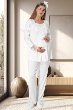 Lace Sleeve 3-Pieces Maternity & Nursing Pajamas With Plush Robe Ecru - 5911