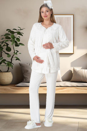 Lace Sleeve 3-Pieces Maternity & Nursing Pajamas With Plush Robe Ecru - 5911