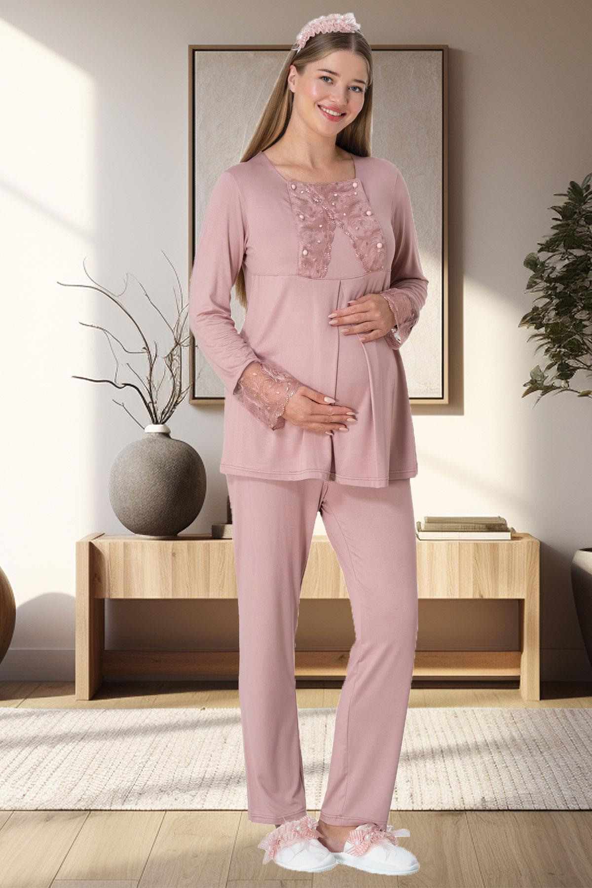 Lace Sleeve 3-Pieces Maternity & Nursing Pajamas With Plush Robe Powder - 5911