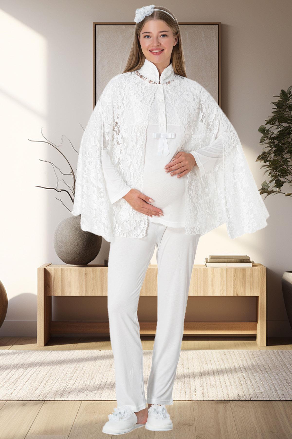 Lace 3-Pieces Maternity & Nursing Pajamas With Lez Lacy Robe Ecru - 5912