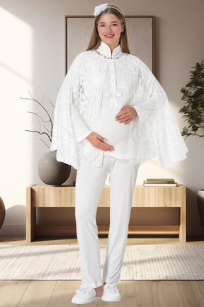 Lace 3-Pieces Maternity & Nursing Pajamas With Lez Lacy Robe Ecru - 5912